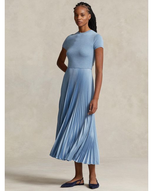 Ralph Lauren Blue Polo Gloria Knit Bodice Pleated Dress