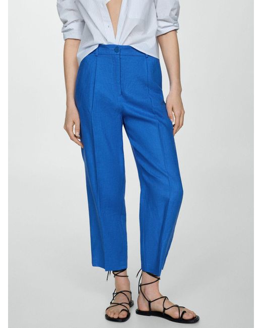 Mango Blue Brunoli Linen Straight Trousers