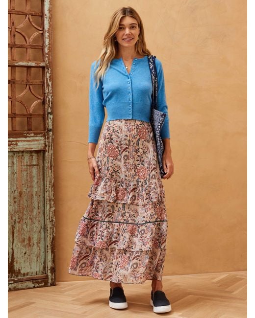 Brora Blue Botanical Print Tiered Silk Midi Skirt