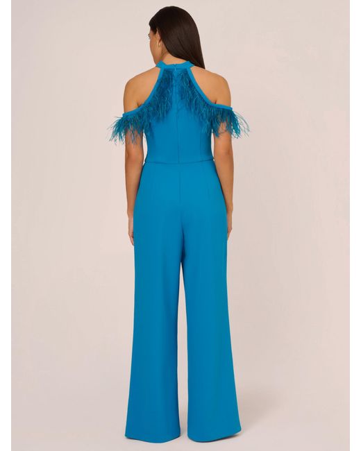 Adrianna Papell Blue Adrianna By Feather Trimmed Stretch Crepe Jumpsuit