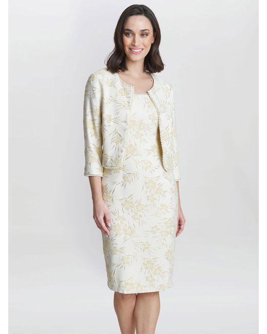 Gina Bacconi White Lindsay Floral Jacquard Pearl Trim Dress & Jacket