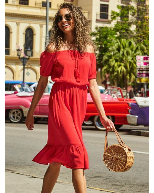 Sosandar Summer Bardot Dress in Red | Lyst UK