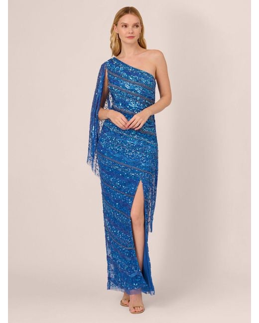 Adrianna Papell Blue One Shoulder Beaded Maxi Dress
