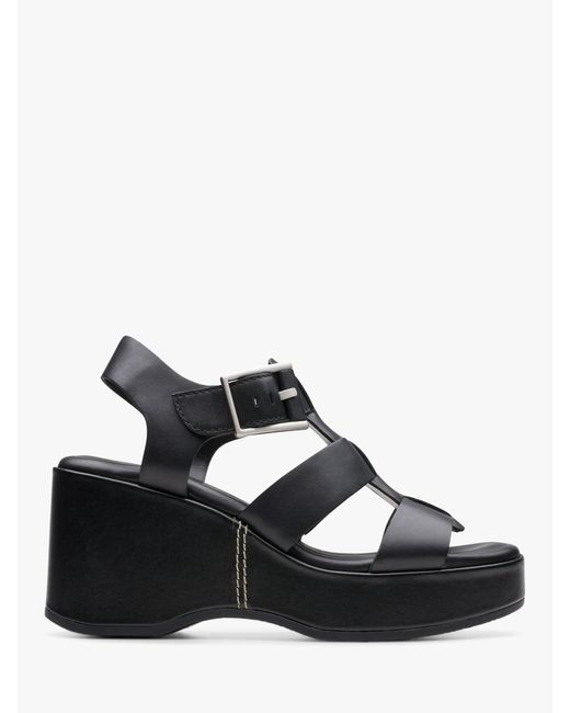 Clarks Black Manon Cove Leather Wedge Sandals