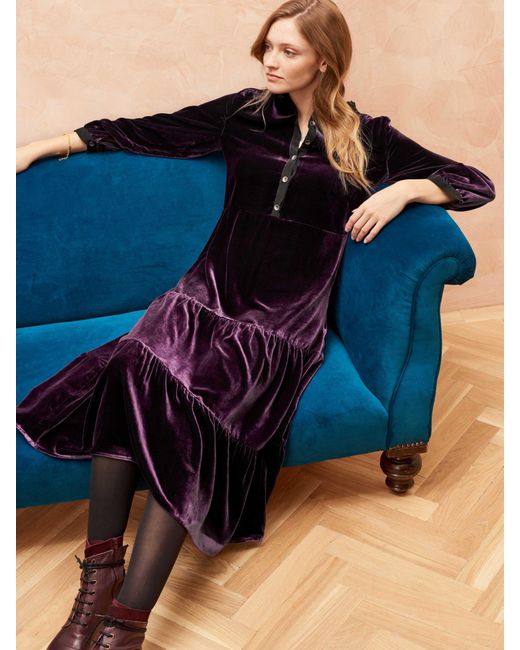 Brora Blue Silk Blend Velvet Tiered Midi Dress