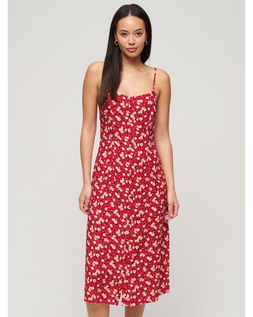 Superdry Red Floral Print Button-up Cami Midi Dress