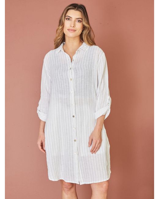 Yumi' White Linen Relaxed Fit Longline Shirt Dress