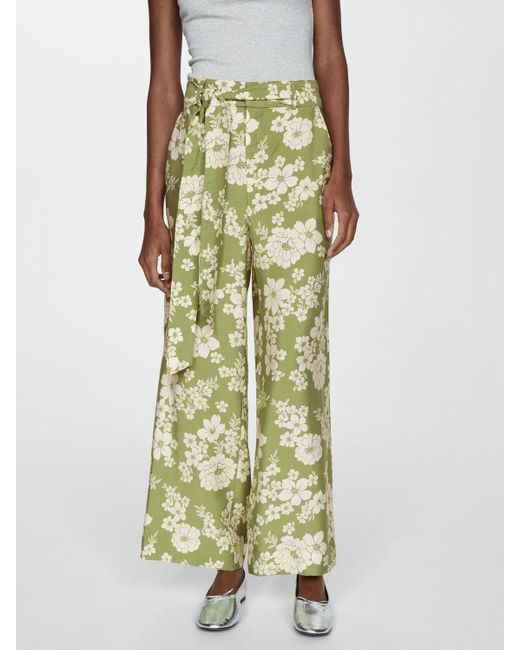 Mango Green Plumas Bow Floral Print Trousers
