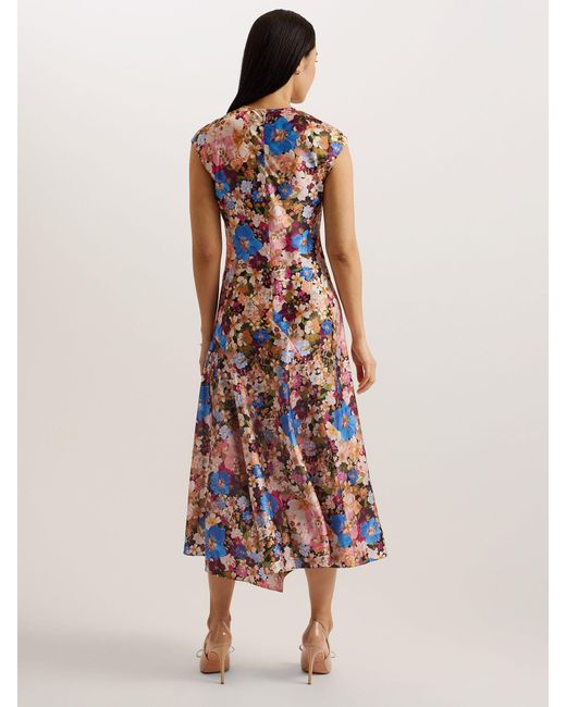 Ted Baker Pink Slanno Floral Print Asymmetric Hem Midi Dress