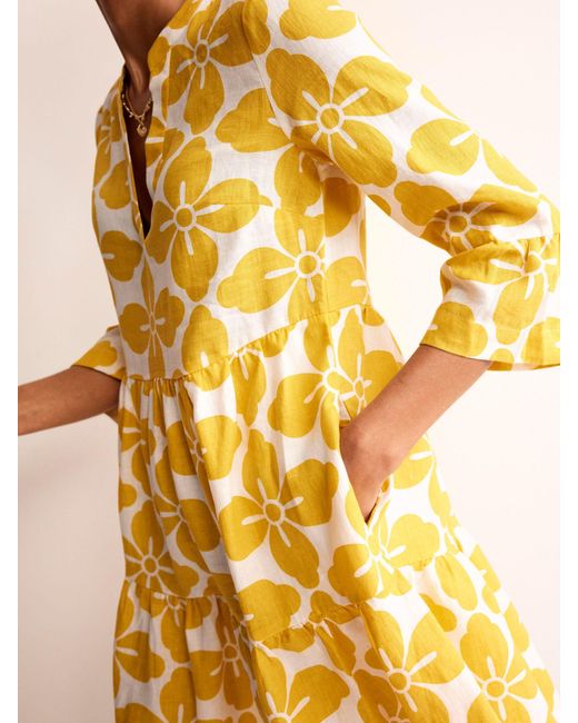 Boden Yellow Sophia Floral Tile Linen Shirt Dress