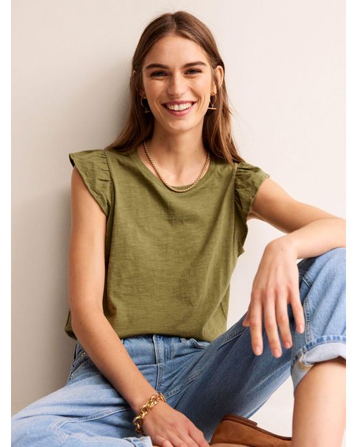 Boden Green Cotton Flutter Sleeve T-shirt