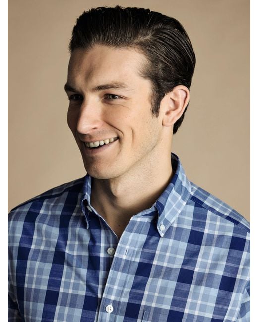 Charles Tyrwhitt Blue Check Short Sleeve Non-iron Poplin Shirt for men