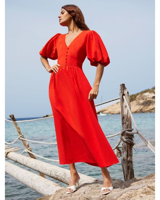 Ro&zo Red Puff Sleeve Linen Blend Midi Dress