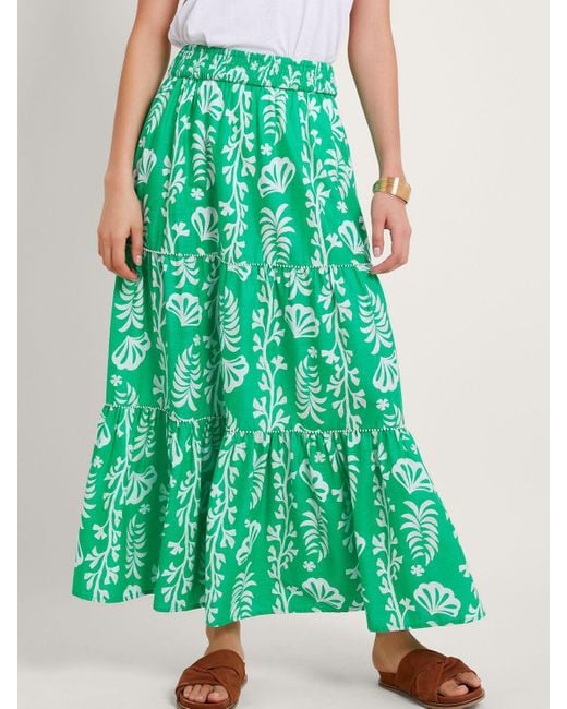 Monsoon Green Lani Leaf Print Tiered Maxi Skirt