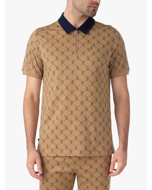Luke 1977 Brown Henderson Geometric Print Zip Neck Polo Shirt for men