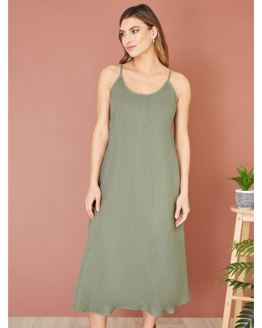 Yumi' Green Relaxed Midi Linen Dress