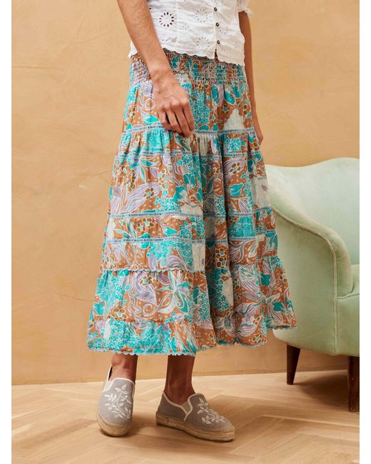 Brora Multicolor Silk Cotton Blend Tiered Midi Skirt