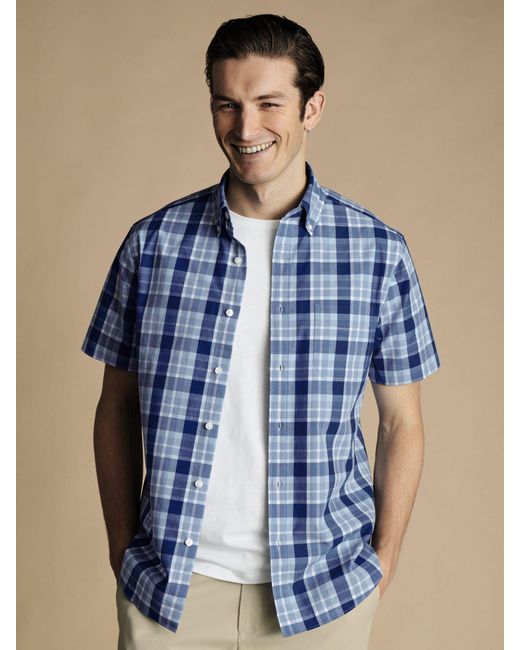 Charles Tyrwhitt Blue Check Short Sleeve Non-iron Poplin Shirt for men