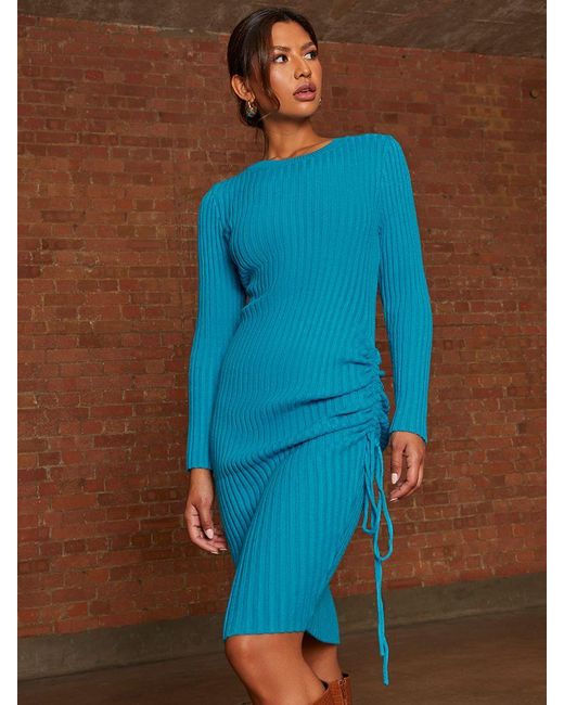 Chi Chi London Blue Ruched Side Detail Knitted Midi Dress