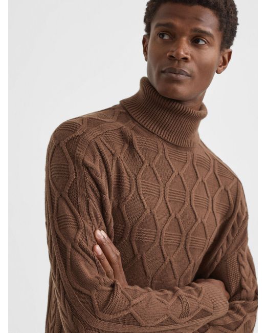 Reiss Brown Alston Long Sleeve Roll Neck Cable Jumper for men