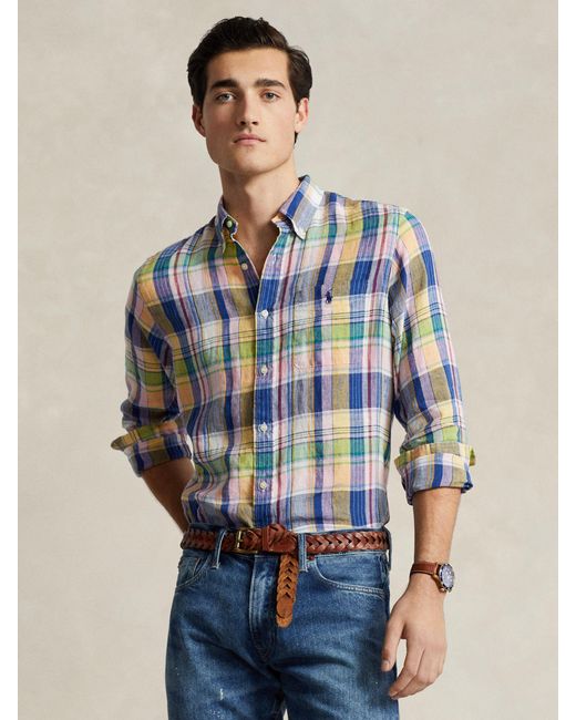 Ralph Lauren Blue Linen Long Sleeve Check Shirt for men
