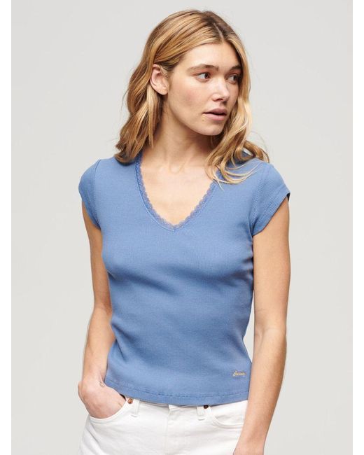 Superdry Blue Athletic Essential Lace Trim V-neck T-shirt