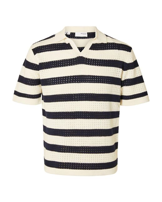 SELECTED White Knitted Open Polo Shirt for men