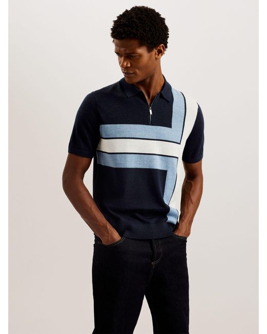 Ted Baker Blue Ambler Colour Block Wool Polo Top for men