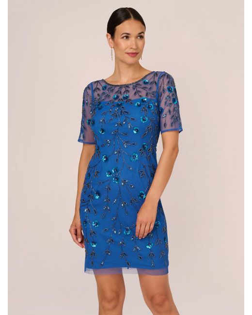 Adrianna Papell Blue Beaded Floral Short Dress