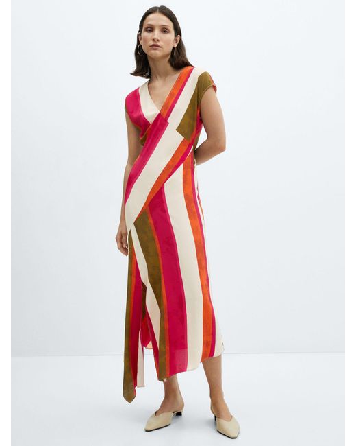 Mango Red Cherry Wide Stripe Asymmetric Hem Midi Dress