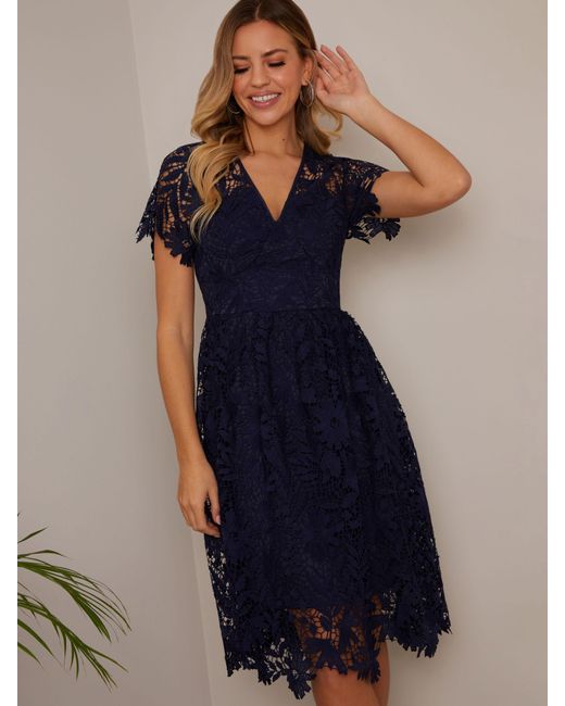 Chi Chi London Blue V-neck Fit And Flare Lace Midi Dress