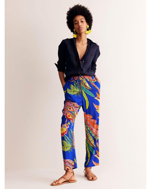 Boden Blue Crinkle Paisley Tapered Trousers