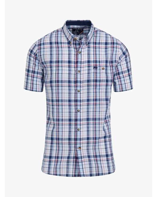 Raging Bull Blue Short Sleeve Large Multi Check Linen Look Shirt for men