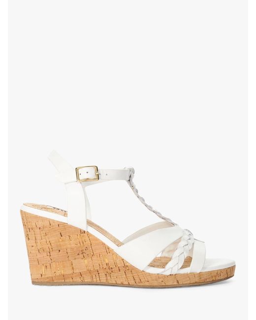 Dune White Wide Fit Koali Leather Plait T-bar Wedge Sandals