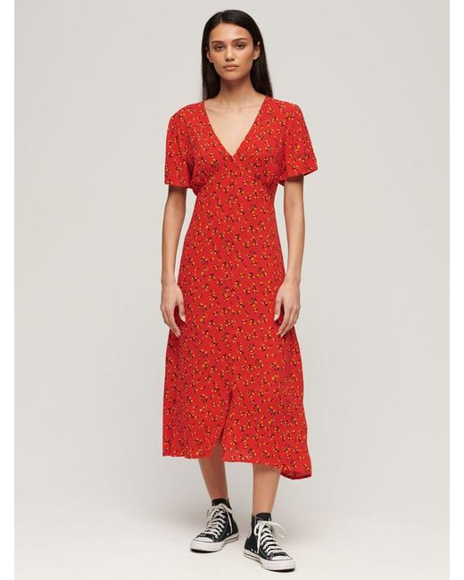 Superdry Red Printed Button Short Sleeve Midi Tea Dress