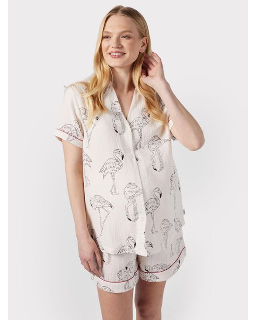 Chelsea Peers White Maternity Flamingo Print Cheesecloth Short Pyjama Set