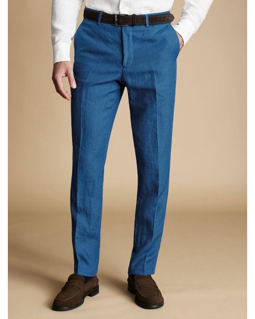 Charles Tyrwhitt Blue Slim Fit Linen Trousers for men
