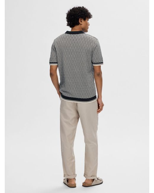 SELECTED Gray Geometric Knit Polo Shirt for men