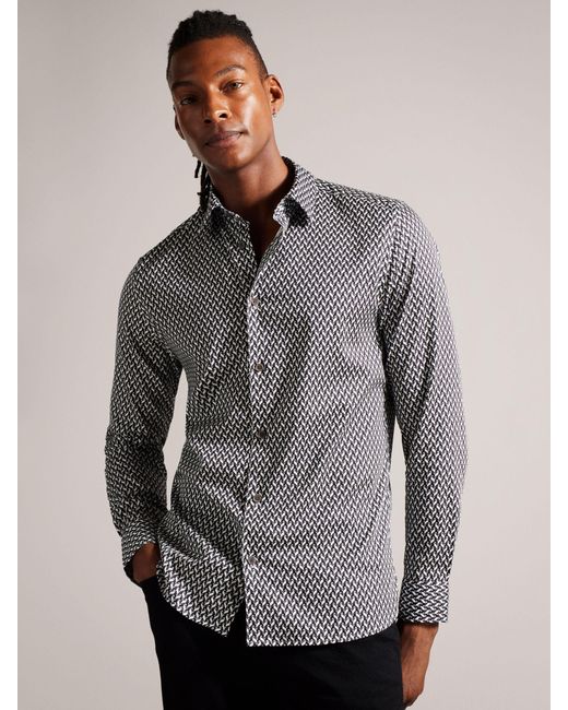 Ted Baker Gray Laceby Geometric Printed Long Sleeve Shirt for men