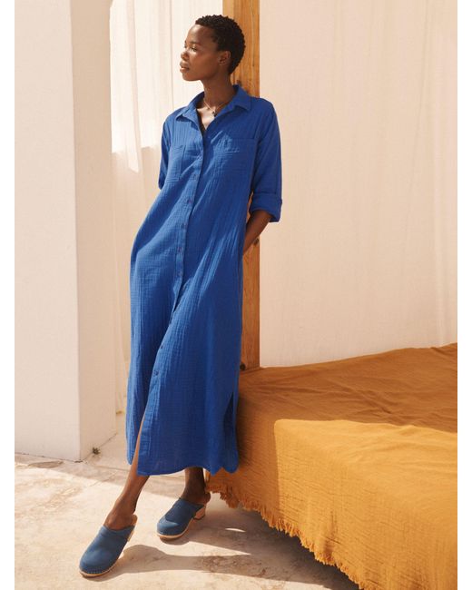 Nrby Blue Carmen Cotton Double Gauze Midi Shirt Dress