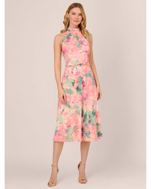 Adrianna Papell Pink Floral Halter Midi Dress