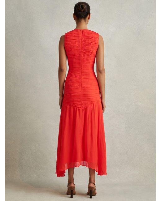 Reiss Red Petite Saffy Ruched Asymmetric Hem Midi Dress