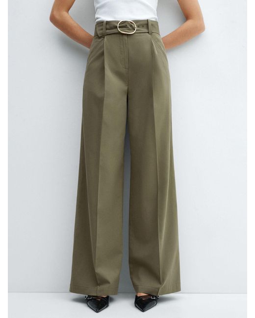 Mango Green Angie Belted Wide Leg Trousers