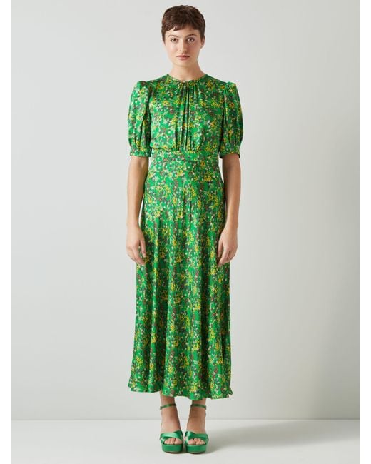 L.K.Bennett Green Luna Floral Print Satin Midi Dress