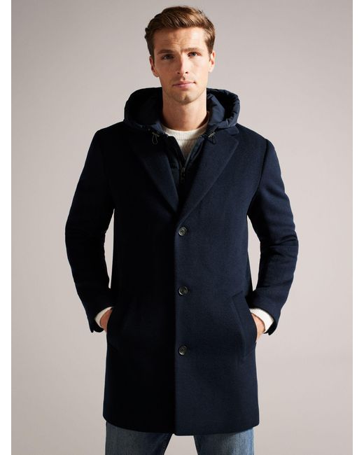 Ted Baker Blue Donlon Wool Blend Hooded Coat for men