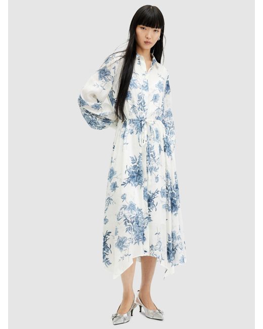 AllSaints Blue Skye Dekorah Linen And Silk Blend Midi Dress