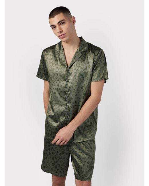 Chelsea Peers Green Satin Hidden Leopard Print Short Pyjama Set for men