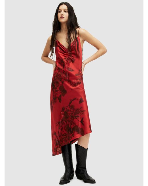 AllSaints Red Alexia Sanibel Midi Silk Blend Floral Dress