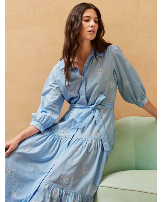 Brora Blue Organic Cotton Embroidered Flower Shirt Dress