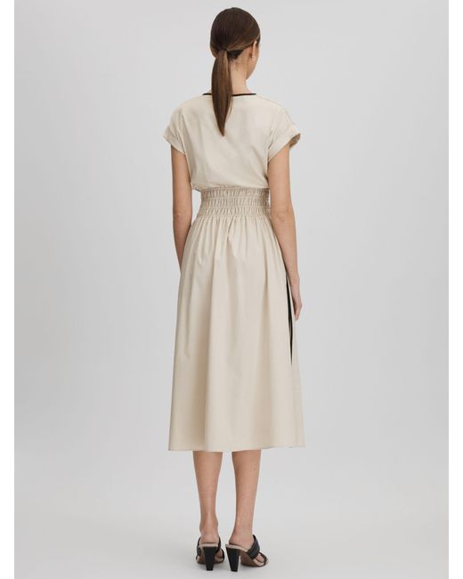 Reiss Natural Lena Ruched Waist Contrast Trim Cotton Midi Dress